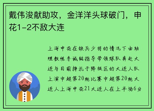 戴伟浚献助攻，金洋洋头球破门，申花1-2不敌大连