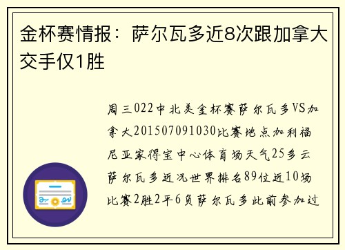 金杯赛情报:萨尔瓦多近8次跟加拿大交手仅1胜